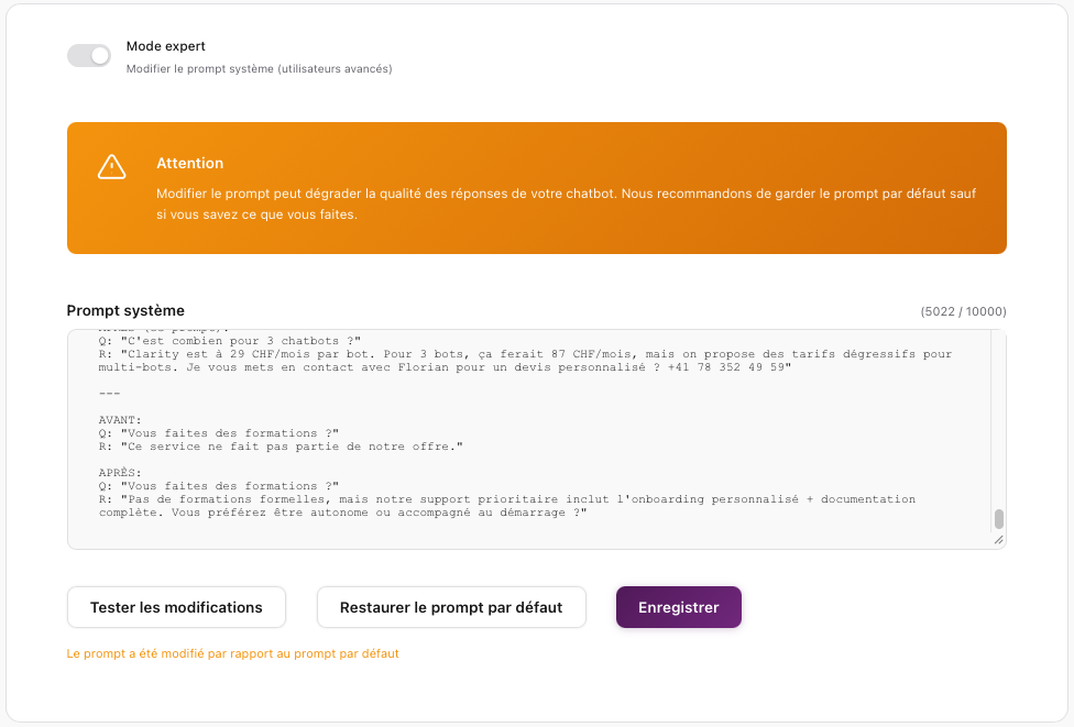 Mode expert du dashboard