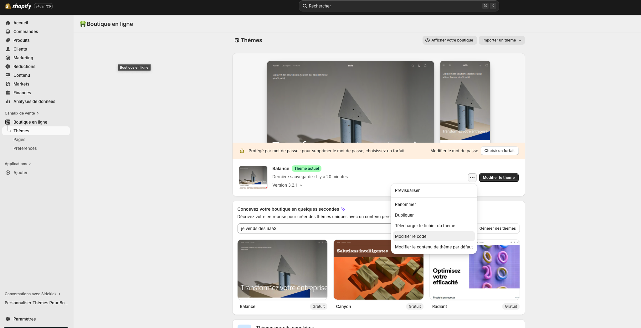 Panneau des thèmes Shopify